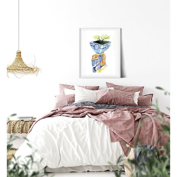 Do Elephant Dream of Green Bonsail Trees? Blue elephant realistic art Watercolor Canvas Print.  Atmospheric, painted illustration. Colorful visual art. Elephant planter graphic art against a white wall, above a bed in a white bedroom decor.  Timeless, archival print of original watercolor painting of illustrator and artist Patricia Jacques.