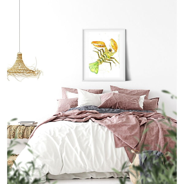 Yellow and black stylized psychedelic crustacean watercolor Canvas Print. Atmospheric, painted illustration. Colorful visual art piece of animal art against a white wall above a bed in a white bedroom decor.  Timeless, archival print of original watercolor painting of illustrator and artist Patricia Jacques
