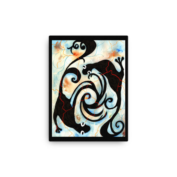 12 by 16 inches Gecko Atmospheric Ourobourost anole graphic art watercolor wall art. Rich with timeless meaning.  Reminiscent of petroglyphs. Black ink illustration. Graphic dreamscape. Ancient pictograms. Symbolic painting.  Tribal art . gift for men. Gifts for travel lovers. Black, blue bright visual art against a white wall.  Timeless, archival print of original watercolor painting of illustrator and artist Patricia Jacques.