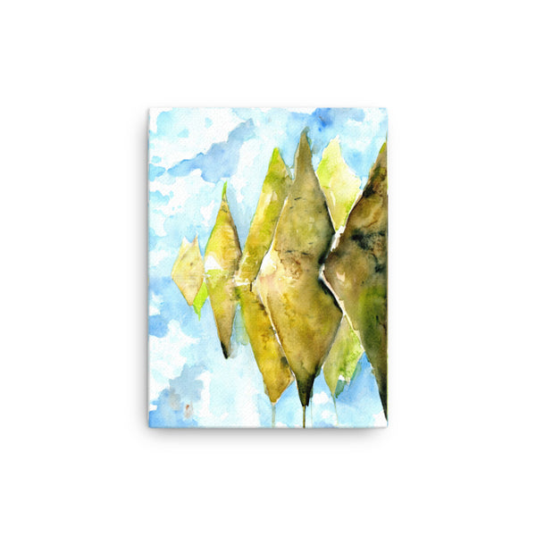 12 by 16 inches -  Sky Mountain - Patahuasi Stone Forest Conical Green Mountain wall art watercolor Canvas Print.  Ethereal stone forest mountain landscape painting watercolor canvas print. Stylized, blue sky and mossy hills visual art piece creates an atmospheric landscape against a white wall.  Archival print of original watercolor painting of illustrator and artist Patricia Jacques