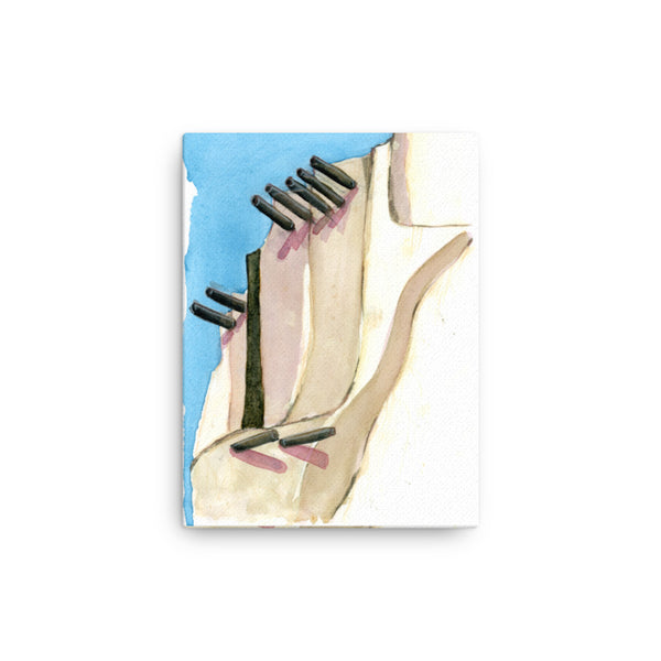 Stylized adobe sedona architecture watercolor canvas painting print. Visual art piece with austere earthy beauty and a beige and blue serene color palette. Exudes magical realism with classy, elegance.