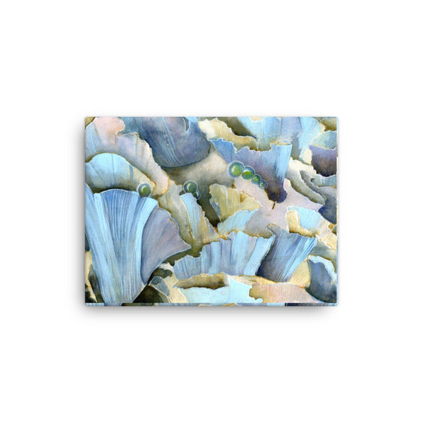 12 by 16 inches - Blue Mushroom Stylized abstract chanterelles mushroom wall art decor. Fits a variety of design styles. Wild edible mushroom watercolor painting. Timeless botanical illustration. Garden illustration. Kitchen room decor. Bedroom wall art. Gift for foodies, gift for valentine, gift for travel lovers.  Realistic art with magical realism.  Foraging dreamscape against a white wall.  Fine art print of original watercolor painting of illustrator and artist Patricia Jacques