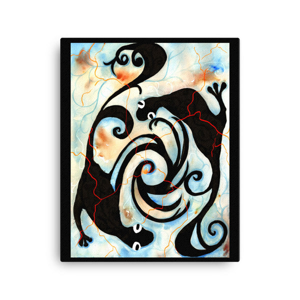 16 by 20 inches -  Gecko Atmospheric Ourobourost anole graphic art watercolor wall art. Rich with timeless meaning.  Reminiscent of petroglyphs. Black ink illustration. Graphic dreamscape. Ancient pictograms. Symbolic painting.  Tribal art . gift for men. Gifts for travel lovers. Black, blue bright visual art against a white wall.  Timeless, archival print of original watercolor painting of illustrator and artist Patricia Jacques.
