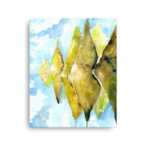 16 by 20 inches -  Sky Mountain - Patahuasi Stone Forest Conical Green Mountain wall art watercolor Canvas Print.  Ethereal stone forest mountain landscape painting watercolor canvas print. Stylized, blue sky and mossy hills visual art piece creates an atmospheric landscape against a white wall.  Archival print of original watercolor painting of illustrator and artist Patricia Jacques