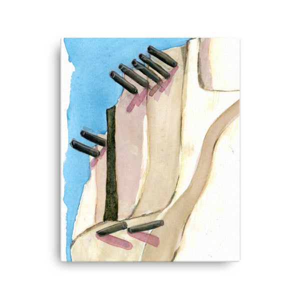 Stylized adobe sedona architecture watercolor canvas painting print. Visual art piece with austere earthy beauty and a beige and blue serene color palette. Exudes magical realism with classy, elegance.