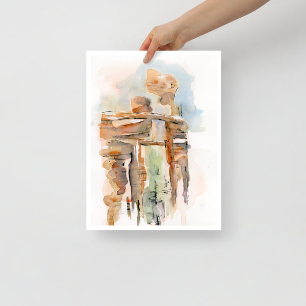 Surface designer, wall art, travel illustrator, graphic art, visual art, fine art, painted illustrations, home decor, art licensing, watercolor paintings, atmospheric, abstract watercolor painting, watercolor painting, living room wall decor, travel prints, Wanderlust travel, stone arches, sedona arizona, atmospheric landscape, places to visit in the world, graded wash watercolor, asymmetrical artwork.