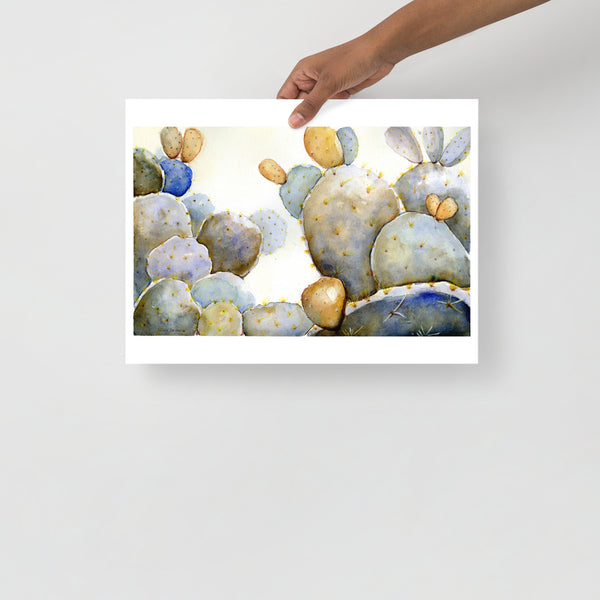 Surface designer, wall art, botanical art, visual art, fine art, painted illustrations, home decor, art licensing, atmospheric, living room wall art, bohemian wall decor, colourful prints, bedroom wall art, succulent watercolor, cactus watercolor, cactus bathroom decor, succulent wall art, botanical illustration, cactus feng shui, southwest cactus decor, garden illustration, succulent room theme, opuntia ficus indica, mexican tuna fruit, Down tempo art, blue and green, prairie prickly pear.
