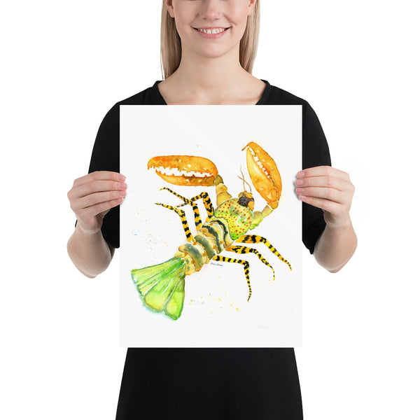 A colorful watercolor giclee print of a multi colored lobster d inspired from slow traveling through a Nah Trang food market in Vietnam.   lobster illustration, crustacean, seaside room decor, pacific home decor, painted illustrations, beach and coastal wall decor, kitchen wall art, wall art, watercolor art print, marine animal art print, watercolor illustration, home decor, expressive artwork, travel art, home decor gift, illustration, visual art, fine art, timeless art.