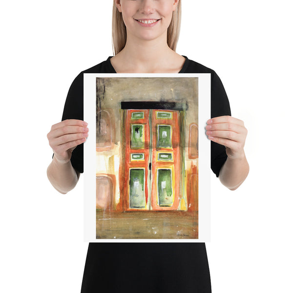 Surface designer, wall art, travel illustrator, visual art, fine art, painted illustrations, home decor, art licensing, watercolor paintings, atmospheric, abstract watercolor painting, watercolor painting, living room wall decor, travel prints, Wanderlust travel, red yellow green, Salento, stylized, graded wash watercolor, Colombian doors, Colombian colors.