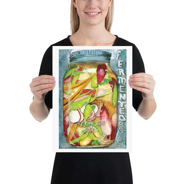 Surface designer, wall art, travel illustrator, visual art, fine art, painted illustrations, home decor, art licensing, watercolor paintings, atmospheric, abstract watercolor painting, watercolor painting, kitchen decor, kitchen art, Kitchen wall art, Food illustration, Pickled food illustration, watercolor food illustration, radish illustration, pickled jar, fermented food art.