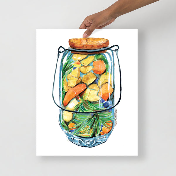 Surface designer, wall art, travel illustrator, visual art, fine art, painted illustrations, home decor, art licensing, watercolor paintings, atmospheric, abstract watercolor painting, watercolor painting, kitchen decor, kitchen art, Kitchen wall art, Food illustration, Pickled food illustration, watercolor food illustration, pickled jar, fermented food art.