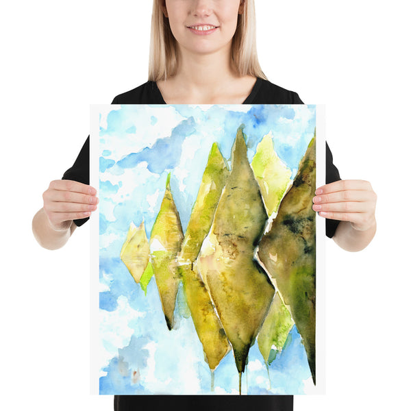 Gifts for travel lovers, stone forest, watercolor painting, magical realism, atmospheric landscape, peru, stylized, serenity, watercolor with salt, blue sky, painted illustrations, green mountains, conical mountains, mossy hills, watercolor illustration, home decor, expressive artwork, travel art, home decor gift, illustration, visual art, fine art, timeless art.