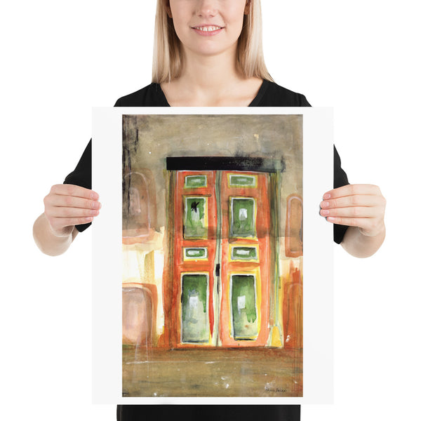 Surface designer, wall art, travel illustrator, visual art, fine art, painted illustrations, home decor, art licensing, watercolor paintings, atmospheric, abstract watercolor painting, watercolor painting, living room wall decor, travel prints, Wanderlust travel, red yellow green, Salento, stylized, graded wash watercolor, Colombian doors, Colombian colors.