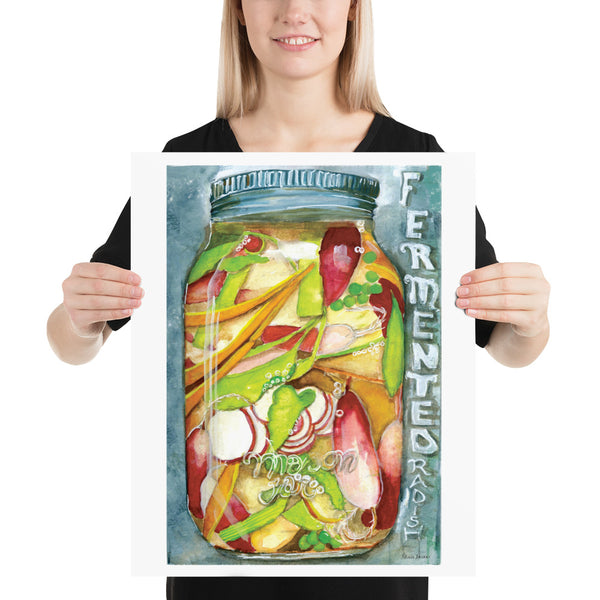 Surface designer, wall art, travel illustrator, visual art, fine art, painted illustrations, home decor, art licensing, watercolor paintings, atmospheric, abstract watercolor painting, watercolor painting, kitchen decor, kitchen art, Kitchen wall art, Food illustration, Pickled food illustration, watercolor food illustration, radish illustration, pickled jar, fermented food art.