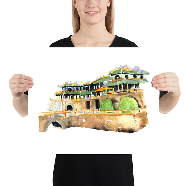 Surface designer, wall art, travel illustrator, visual art, fine art, painted illustrations, home decor, art licensing, atmospheric, home office wall art, living room wall art, bohemian wall decor, unesco world heritage site, fortress, monochromatic art, semi realistic art, light green and brown, hanoi old quarter, architectural watercolor painting, palace artwork, imperial citadel of thang long, cultural traveler gifts, slow travel inspired paintings, travel art, architecture illustration.