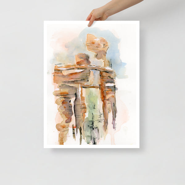 Surface designer, wall art, travel illustrator, graphic art, visual art, fine art, painted illustrations, home decor, art licensing, watercolor paintings, atmospheric, abstract watercolor painting, watercolor painting, living room wall decor, travel prints, Wanderlust travel, stone arches, sedona arizona, atmospheric landscape, places to visit in the world, graded wash watercolor, asymmetrical artwork.