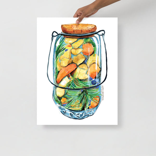 Surface designer, wall art, travel illustrator, visual art, fine art, painted illustrations, home decor, art licensing, watercolor paintings, atmospheric, abstract watercolor painting, watercolor painting, kitchen decor, kitchen art, Kitchen wall art, Food illustration, Pickled food illustration, watercolor food illustration, pickled jar, fermented food art.
