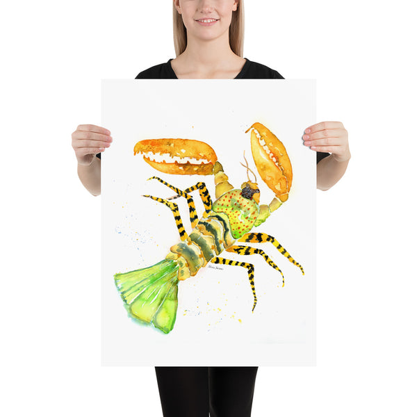 A colorful watercolor giclee print of a multi colored lobster d inspired from slow traveling through a Nah Trang food market in Vietnam.   lobster illustration, crustacean, seaside room decor, pacific home decor, painted illustrations, beach and coastal wall decor, kitchen wall art, wall art, watercolor art print, marine animal art print, watercolor illustration, home decor, expressive artwork, travel art, home decor gift, illustration, visual art, fine art, timeless art.