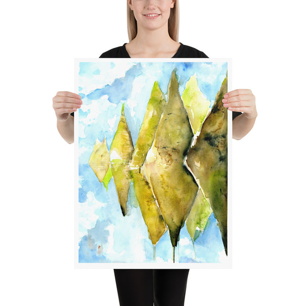 Gifts for travel lovers, stone forest, watercolor painting, magical realism, atmospheric landscape, peru, stylized, serenity, watercolor with salt, blue sky, painted illustrations, green mountains, conical mountains, mossy hills, watercolor illustration, home decor, expressive artwork, travel art, home decor gift, illustration, visual art, fine art, timeless art.