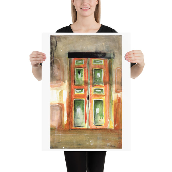 Surface designer, wall art, travel illustrator, visual art, fine art, painted illustrations, home decor, art licensing, watercolor paintings, atmospheric, abstract watercolor painting, watercolor painting, living room wall decor, travel prints, Wanderlust travel, red yellow green, Salento, stylized, graded wash watercolor, Colombian doors, Colombian colors.