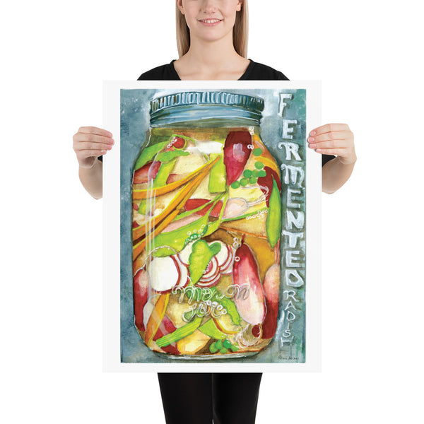 Surface designer, wall art, travel illustrator, visual art, fine art, painted illustrations, home decor, art licensing, watercolor paintings, atmospheric, abstract watercolor painting, watercolor painting, kitchen decor, kitchen art, Kitchen wall art, Food illustration, Pickled food illustration, watercolor food illustration, radish illustration, pickled jar, fermented food art.