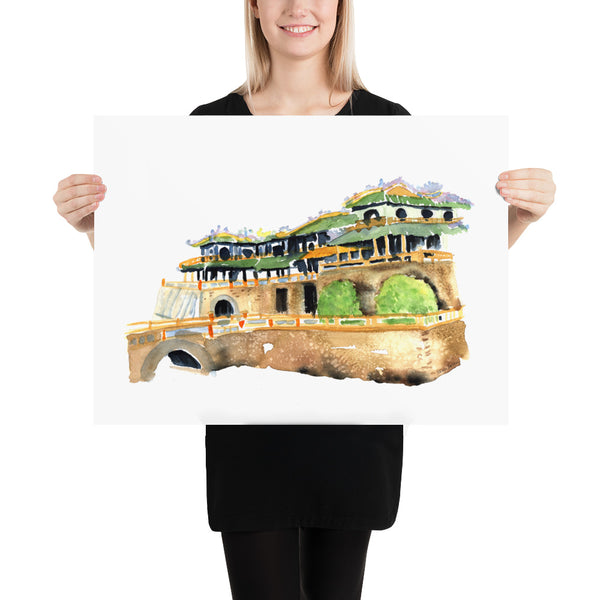 Surface designer, wall art, travel illustrator, visual art, fine art, painted illustrations, home decor, art licensing, atmospheric, home office wall art, living room wall art, bohemian wall decor, unesco world heritage site, fortress, monochromatic art, semi realistic art, light green and brown, hanoi old quarter, architectural watercolor painting, palace artwork, imperial citadel of thang long, cultural traveler gifts, slow travel inspired paintings, travel art, architecture illustration.