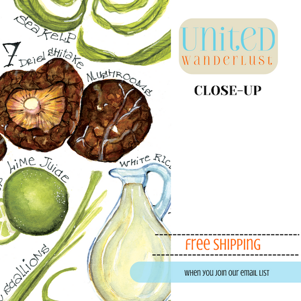 Watercolor, food illustration, seaweed illustration, mushroom illustration, soy sauce bottle illustration, sesame oil bottle illustration, Shitake mushroom illustration, bouillon illustration, pepper illustration, watercolor art, art print, editorial illustration, art licensing, food illustrator for hire, hire an illustrator, Boston watercolor artist, book cover Design