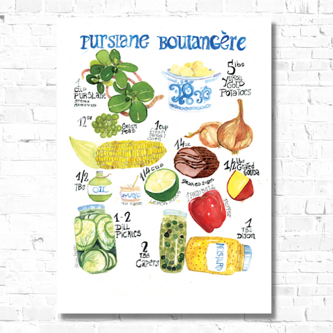 Watercolor, food illustration, corn cob illustration, purslane illustration, garlic illustration, pickle illustration, meat illustration, onion illustration, lemon slice illustration, watercolor art, art print, editorial illustration, art licensing, food illustrator for hire, hire an illustrator, Boston watercolor artist, book cover Design.