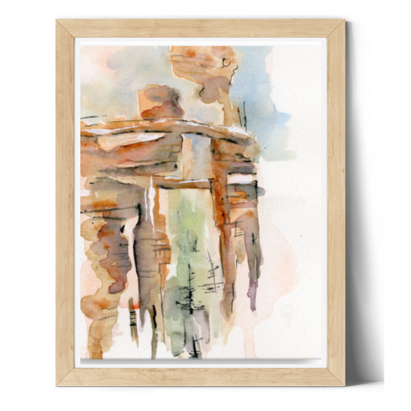 wall art, watercolor painting, expressive artwork, home decor, architecture illustration, travel art, home decor gift, visual art, fine art, timeless, watercolor illustration, serenity, atmospheric, ethereal, gifts for travel lovers, atmospheric painting, wall art for living room, travel lover, stone arches, tan blush, serenity, places to visit in the world, magical realism, bedroom wall decor, American southwest, Sedona, Arizona, ethereal illustrations, atmospheric landscape.