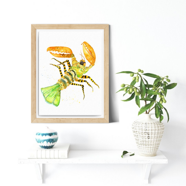 A colorful watercolor giclee print of a multi colored lobster d inspired from slow traveling through a Nah Trang food market in Vietnam.   lobster illustration, crustacean, seaside room decor, pacific home decor, painted illustrations, beach and coastal wall decor, kitchen wall art, wall art, watercolor art print, marine animal art print, watercolor illustration, home decor, expressive artwork, travel art, home decor gift, illustration, visual art, fine art, timeless art.