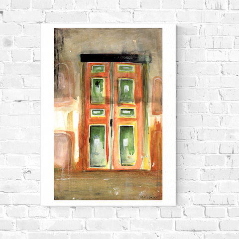 Surface designer, wall art, travel illustrator, visual art, fine art, painted illustrations, home decor, art licensing, watercolor paintings, atmospheric, abstract watercolor painting, watercolor painting, living room wall decor, travel prints, Wanderlust travel, red yellow green, Salento, stylized, graded wash watercolor, Colombian doors, Colombian colors.