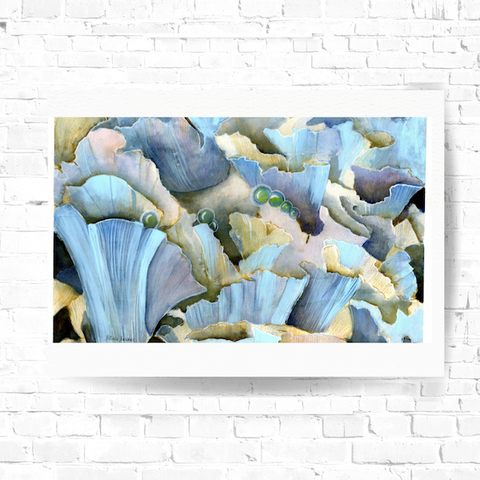 Blue Mushroom - Stylized Chanterelles Dreamscape Watercolor Art Print