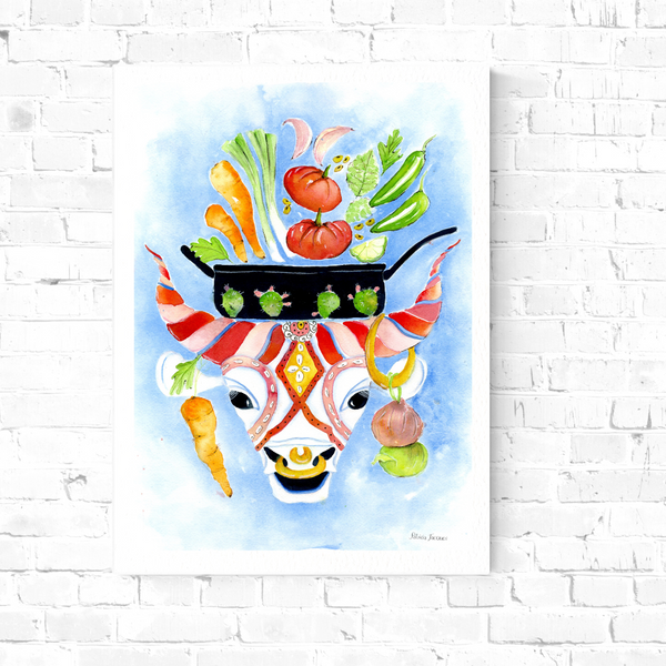 Surface designer, wall art, botanical art, visual art, fine art, painted illustrations, home decor, art licensing, atmospheric, living room wall art, bohemian wall decor, gift for foodies, travel lovers, gifts for mom, gifts for him, stylized, watercolor painting with pen and ink, american southwest, cow illustration, long-horn cattle, recipe illustration, food illustration
