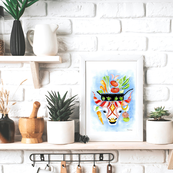 Surface designer, wall art, botanical art, visual art, fine art, painted illustrations, home decor, art licensing, atmospheric, living room wall art, bohemian wall decor, gift for foodies, travel lovers, gifts for mom, gifts for him, stylized, watercolor painting with pen and ink, american southwest, cow illustration, long-horn cattle, recipe illustration, food illustration.