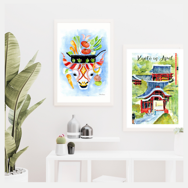 Surface designer, wall art, botanical art, visual art, fine art, painted illustrations, home decor, art licensing, atmospheric, living room wall art, bohemian wall decor, gift for foodies, travel lovers, gifts for mom, gifts for him, stylized, watercolor painting with pen and ink, american southwest, cow illustration, long-horn cattle, recipe illustration, food illustration