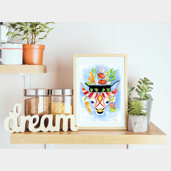 Surface designer, wall art, botanical art, visual art, fine art, painted illustrations, home decor, art licensing, atmospheric, living room wall art, bohemian wall decor, gift for foodies, travel lovers, gifts for mom, gifts for him, stylized, watercolor painting with pen and ink, american southwest, cow illustration, long-horn cattle, recipe illustration, food illustration.