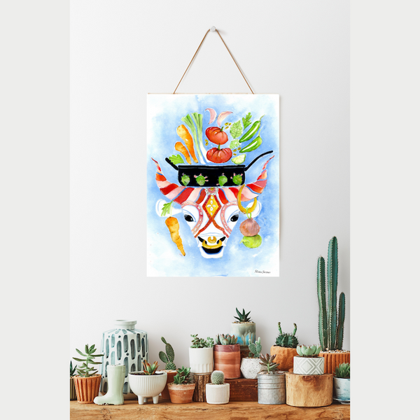 Surface designer, wall art, botanical art, visual art, fine art, painted illustrations, home decor, art licensing, atmospheric, living room wall art, bohemian wall decor, gift for foodies, travel lovers, gifts for mom, gifts for him, stylized, watercolor painting with pen and ink, american southwest, cow illustration, long-horn cattle, recipe illustration, food illustration.