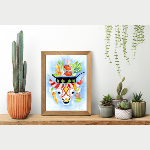 Surface designer, wall art, botanical art, visual art, fine art, painted illustrations, home decor, art licensing, atmospheric, living room wall art, bohemian wall decor, gift for foodies, travel lovers, gifts for mom, gifts for him, stylized, watercolor painting with pen and ink, american southwest, cow illustration, long-horn cattle, recipe illustration, food illustration.