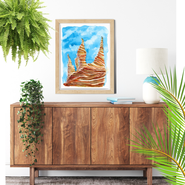 wall art, watercolor painting, expressive artwork, home decor, trippy paintings, travel art, home decor gift, visual art, fine art, timeless, watercolor illustration, desert fantasy art, cathedral rock, skyline canvas, gifts for travel lovers, blue sky, children living room, travel lover, graphic art, mountain illustration, stylized, places to visit in the world, magical realism, white ink on watercolor, American southwest, Sedona, Arizona, sedona red rocks, red rock state park sedona.