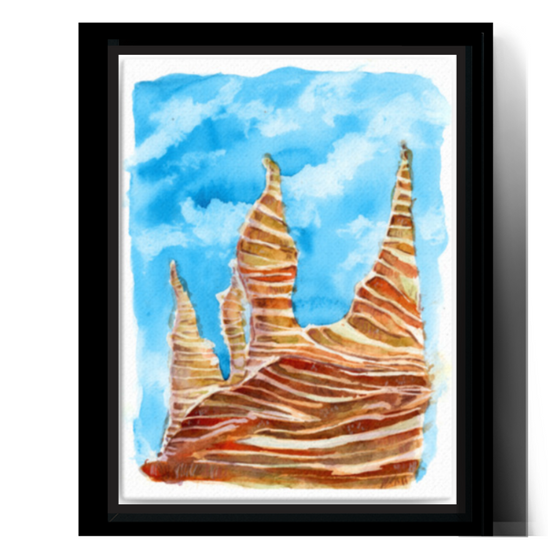 wall art, watercolor painting, expressive artwork, home decor, trippy paintings, travel art, home decor gift, visual art, fine art, timeless, watercolor illustration, desert fantasy art, cathedral rock, skyline canvas, gifts for travel lovers, blue sky, children living room, travel lover, graphic art, mountain illustration, stylized, places to visit in the world, magical realism, white ink on watercolor, American southwest, Sedona, Arizona, sedona red rocks, red rock state park sedona.