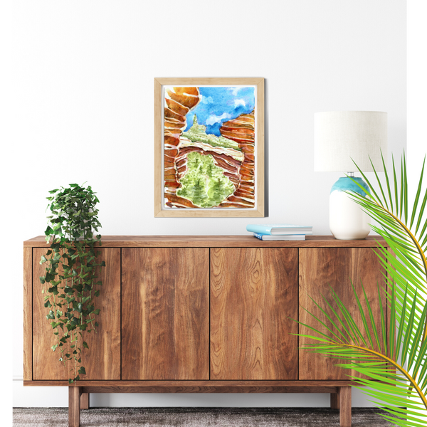 wall art, watercolor painting, southwestern wall art, home decor, psychedelic paintings, travel art, home decor gift, visual art, fine art, timeless, watercolor illustration, desert fantasy art, realistic art, stone arches, gifts for travel lovers, blue sky, wall art for living room, travel lover, graphic art, mountain illustration, stylized, places to visit in the world, magical realism, white ink on watercolor, American southwest, Sedona, Arizona, desert painting, devil's bridge sedona, sedona red rocks.