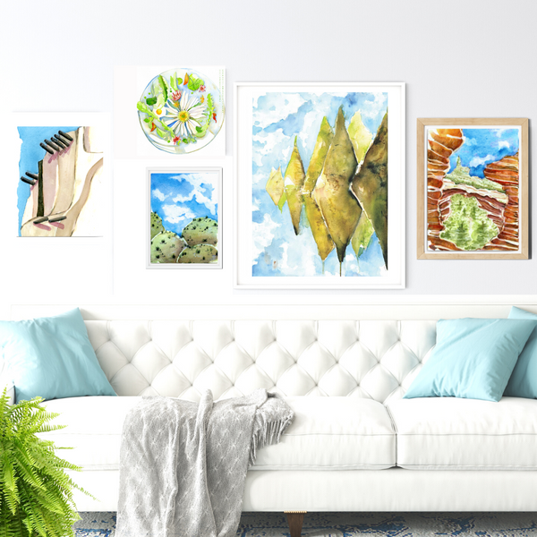 wall art, watercolor painting, southwestern wall art, home decor, psychedelic paintings, travel art, home decor gift, visual art, fine art, timeless, watercolor illustration, desert fantasy art, realistic art, stone arches, gifts for travel lovers, blue sky, wall art for living room, travel lover, graphic art, mountain illustration, stylized, places to visit in the world, magical realism, white ink on watercolor, American southwest, Sedona, Arizona, desert painting, devil's bridge sedona, sedona red rocks.