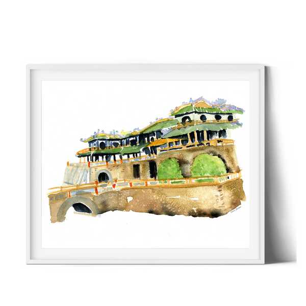 Surface designer, wall art, travel illustrator, visual art, fine art, painted illustrations, home decor, art licensing, atmospheric, home office wall art, living room wall art, bohemian wall decor, unesco world heritage site, fortress, monochromatic art, semi realistic art, light green and brown, hanoi old quarter, architectural watercolor painting, palace artwork, imperial citadel of thang long, cultural traveler gifts, slow travel inspired paintings, travel art, architecture illustration.