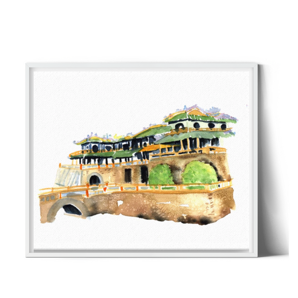 wall art, fortress, watercolor painting, historical landmarks, home decor, stylized, travel art, home decor gift, visual art, fine art, timeless, serenity, atmospheric, ethereal, gifts for travel lovers, atmospheric painting, expressive artwork, travel lover, slow travel experience, monochromatic painting, semi realistic art, realistic art, home, bedroom wall decor, palace artwork, Vietnam, architectural watercolor painting, visual texture, serenity, unesco world heritage site, watercolor illustration.