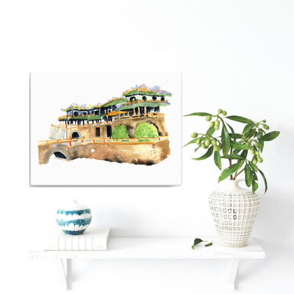 wall art, fortress, watercolor painting, historical landmarks, home decor, stylized, travel art, home decor gift, visual art, fine art, timeless, serenity, atmospheric, ethereal, gifts for travel lovers, atmospheric painting, expressive artwork, travel lover, slow travel experience, monochromatic painting, semi realistic art, realistic art, home, bedroom wall decor, palace artwork, Vietnam, architectural watercolor painting, visual texture, serenity, unesco world heritage site, watercolor illustration.
