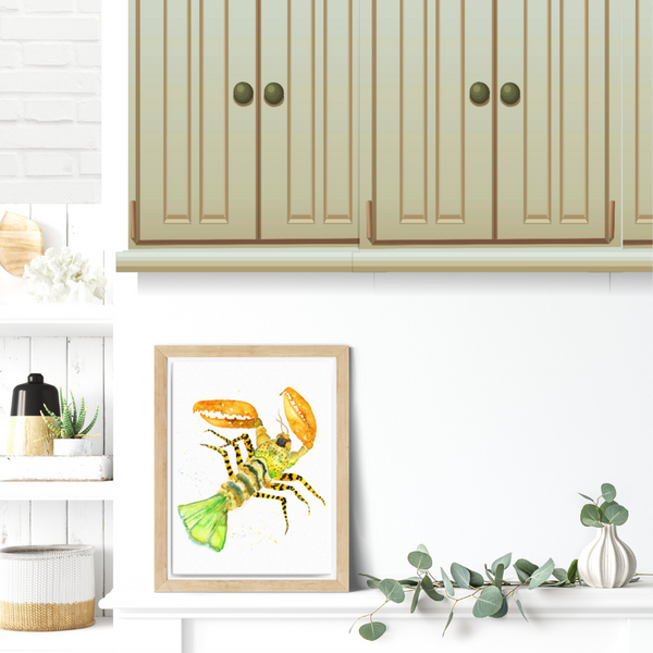 wall art, giclee prints, watercolor painting, crustacean, home decor, stylized, travel art, home decor gift, visual art, fine art, timeless, pink fine art, atmospheric, ethereal, gifts for travel lovers, atmospheric painting, expressive artwork, travel lover, lobster painting, painted illustrations, semi realistic art, painterly, bedroom wall decor, graphic illustration, Vietnam, beach and coastal wall decor, art travel, serenity, watercolor illustration, slow travel-inspired art, lobster illustration.
