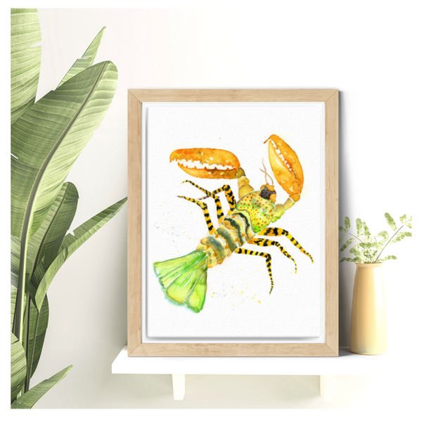 wall art, giclee prints, watercolor painting, crustacean, home decor, stylized, travel art, home decor gift, visual art, fine art, timeless, pink fine art, atmospheric, ethereal, gifts for travel lovers, atmospheric painting, expressive artwork, travel lover, lobster painting, painted illustrations, semi realistic art, painterly, bedroom wall decor, graphic illustration, Vietnam, beach and coastal wall decor, art travel, serenity, watercolor illustration, slow travel-inspired art, lobster illustration.