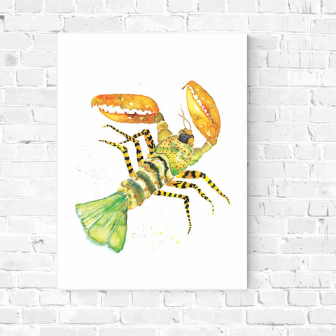 A colorful watercolor giclee print of a multi colored lobster d inspired from slow traveling through a Nah Trang food market in Vietnam.   lobster illustration, crustacean, seaside room decor, pacific home decor, painted illustrations, beach and coastal wall decor, kitchen wall art, wall art, watercolor art print, marine animal art print, watercolor illustration, home decor, expressive artwork, travel art, home decor gift, illustration, visual art, fine art, timeless art