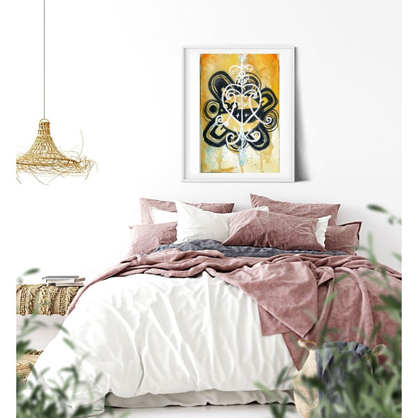 Veve ethereal, abstract fine art print watercolor wall art in a set of three  original painting and fine art prints  Rich with timeless meaning.  Reminiscent of ancient petroglyphs. Great for positive spiritual practice. Symbolic painting.  Tribal art  thoughtful gift for men. Gifts for travel lovers. Atmospheric visual art against a white wall, above a bed in a white bedroom decor.  Magical realism. Timeless, archival print of original watercolor painting of illustrator and artist Patricia Jacques.