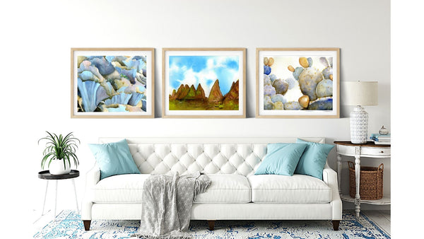 Blue Mushroom Stylized abstract chanterelles mushroom wall art decor in a set of three paintings. Fits a variety of design styles. Wild edible mushroom watercolor painting. Timeless botanical illustration. Garden illustration. Kitchen room decor. Gift for foodies, gift for valentine, gift for travel lovers.  Realistic art with magical realism. Fine art print of original watercolor painting of illustrator and artist Patricia Jacques. Exudes magical realism with classy elegance.